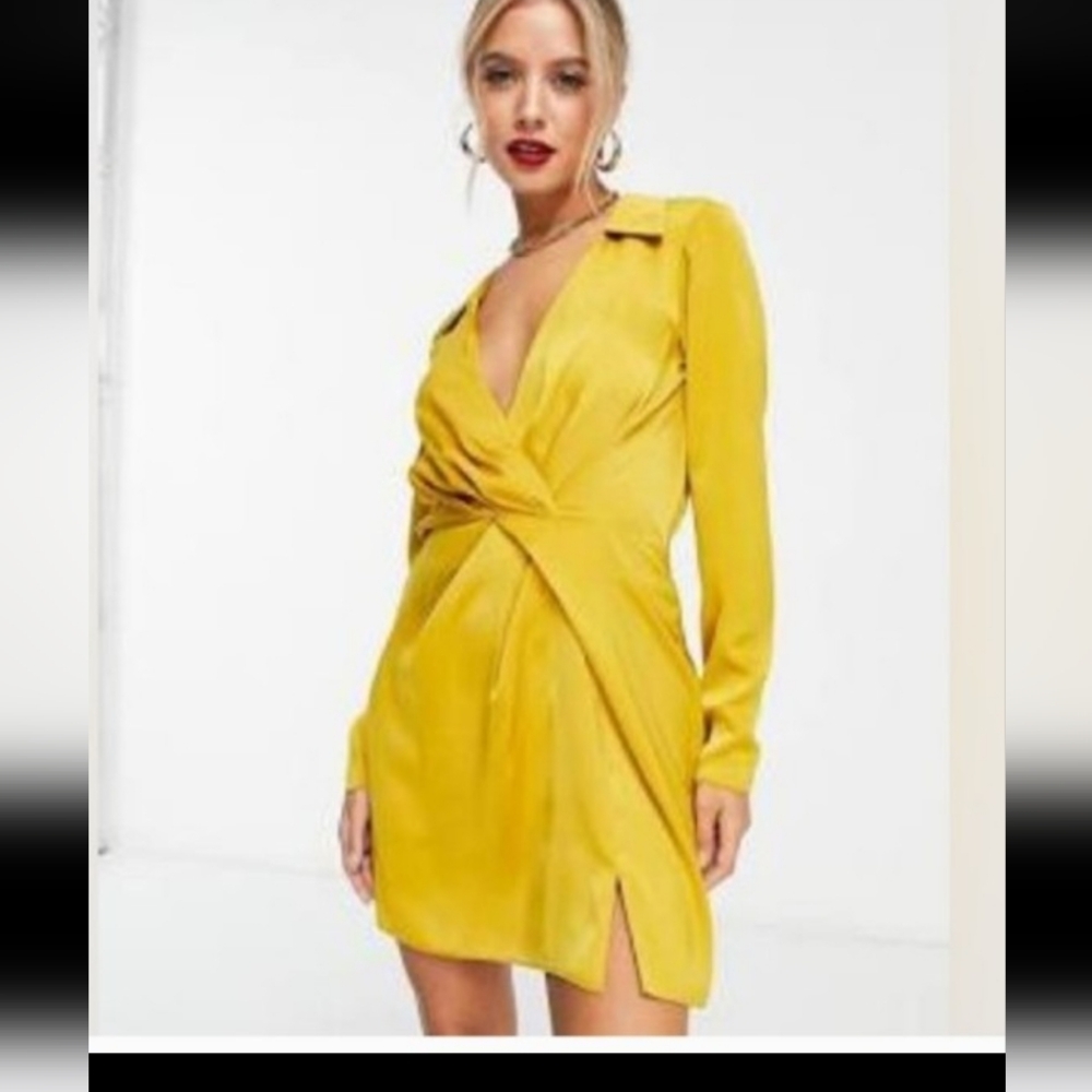 ASOS DESIGN satin twist mini dress with collar in gold